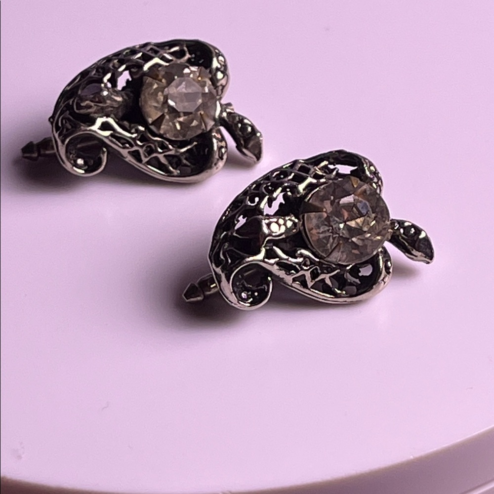Vintage Turtle/Serpent Cufflinks. Silver Tone With Faux Crystal
